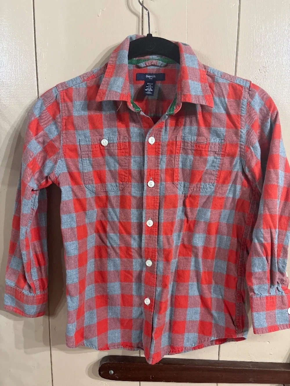 Gap red and gray checked long sleeve shirt, size 6-7